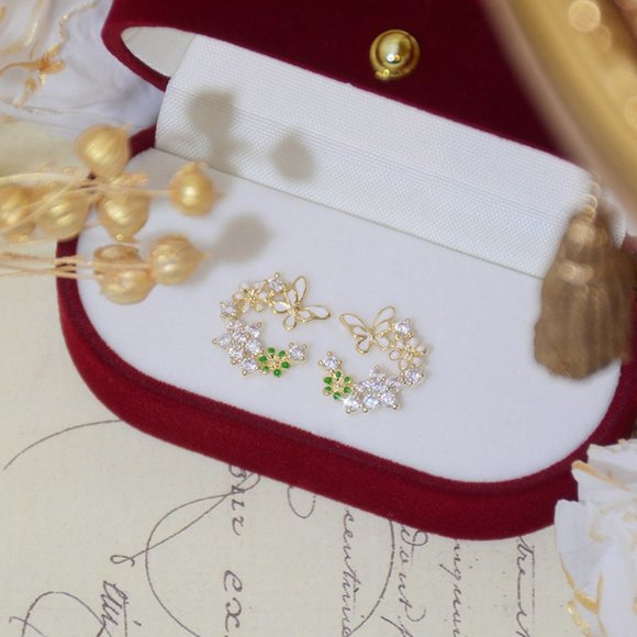 NEW 14K Gold Plated Diamond Flower Butterfly Stud Earrings - Picture 7 of 7